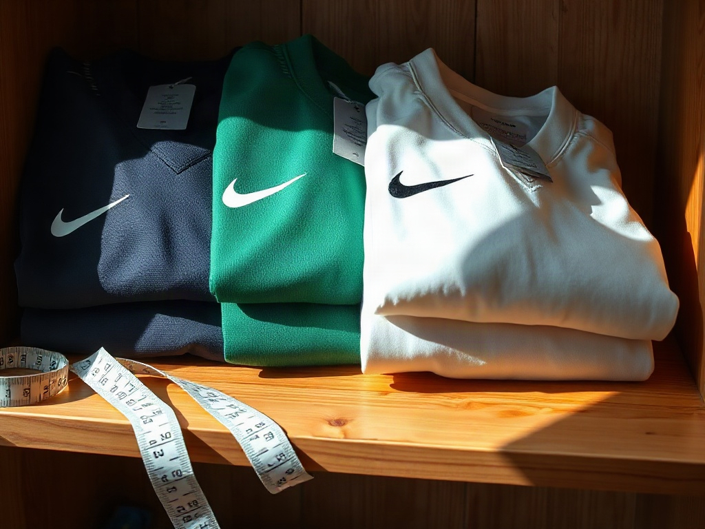 Three folded soccer jerseys on a wooden shelf with handwritten size tags and a measuring tape