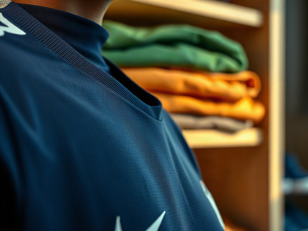 Close-up of soccer jersey collar and embroidered crest showing fabric weave detail