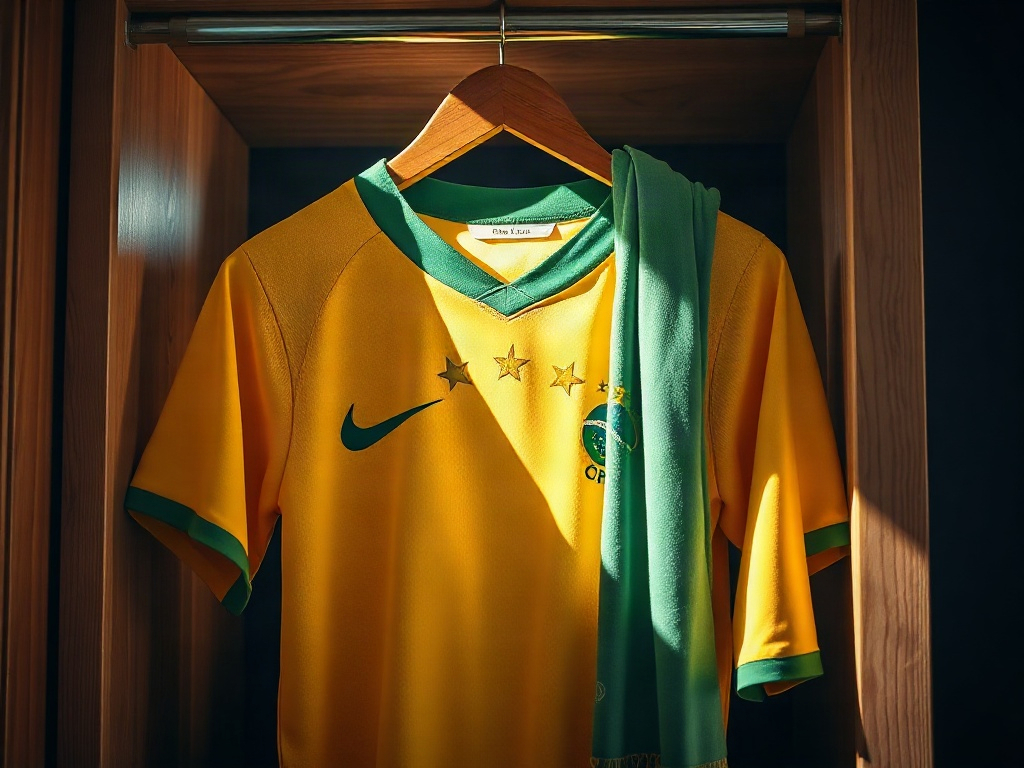 Brazil football jersey with five gold stars hanging in a wooden wardrobe in natural morning light