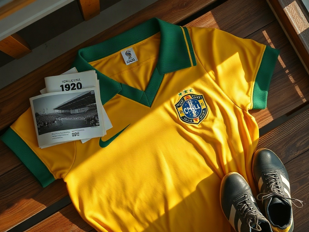 Vintage 1970 Brazil football shirt laid flat with match program and retro memorabilia on a wooden bench