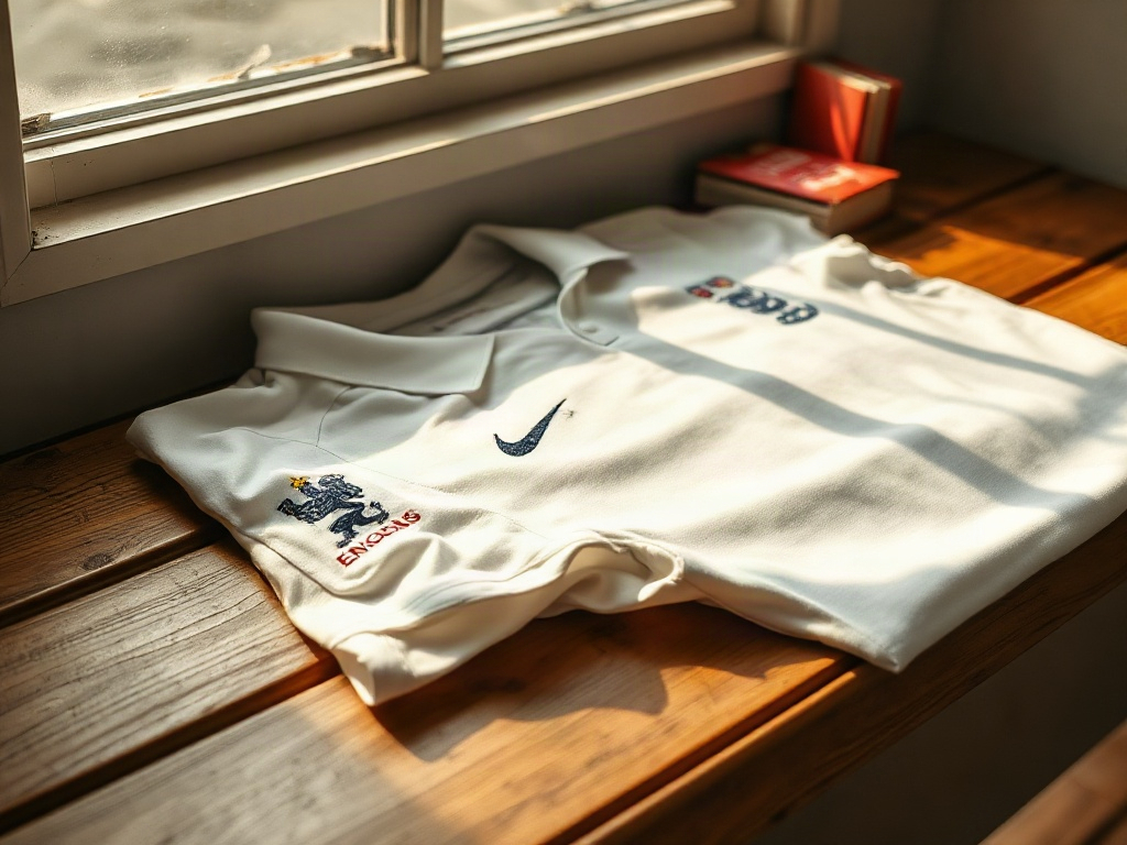 White England football jersey with single gold star above the Three Lions badge on a wooden bench with vintage match programme