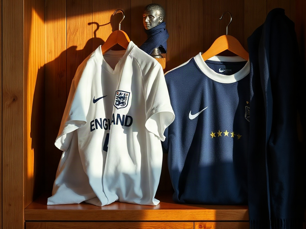 England men's jersey, Lionesses jersey, and a two-star national team jersey folded side by side on a collector's wooden shelf