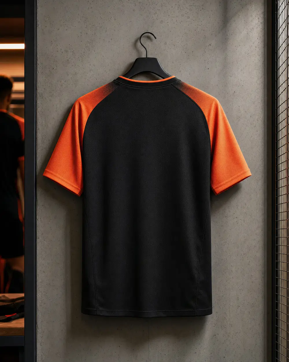 Back of a black and orange soccer jersey ready for a name and number