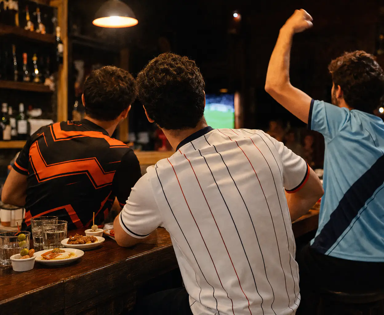 Friends in concept jerseys celebrating a goal in a sports bar