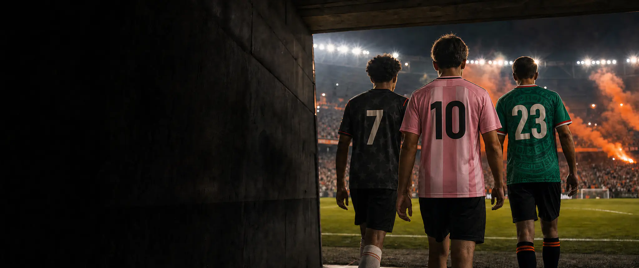 Three players seen from behind in USA, Inter Miami and Mexico jerseys walking out of the stadium tunnel at night