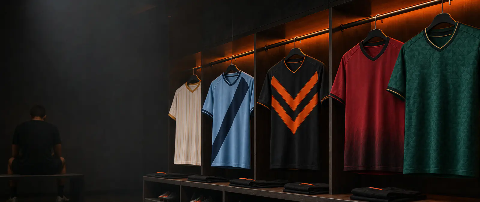 New soccer jerseys hanging in a locker room, 2026/2027 season